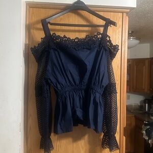 N Nancy Elegant Off-Shoulder Navy Blouse with Lace Detail